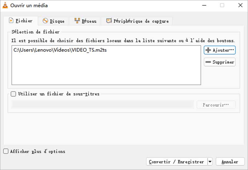 Ajouter le fichier M2TS sur VLC