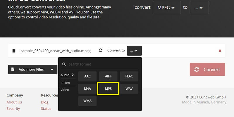 Cloud Convertir Sélectionner la sortie MPEG en MP3