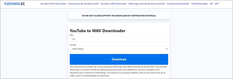 Convertir YouTube en WAV en ligne avec Y2DOWN.CC