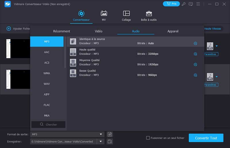 Définir MPEG comme le format cible